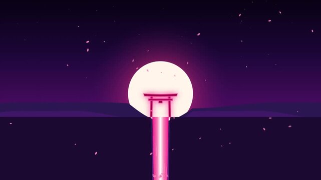 Zen Torii Gate Animation with Glowing Moon and Falling Pink Petals Against a Deep Purple Night Sky for Meditation and Spiritual Background Graphics