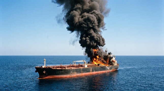 Oil tanker engulfed in flames and thick black smoke on the open sea under a clear blue sky.