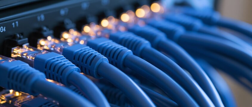Blue ethernet cables plugged into network switch ports with glowing indicator lights under soft directional lighting