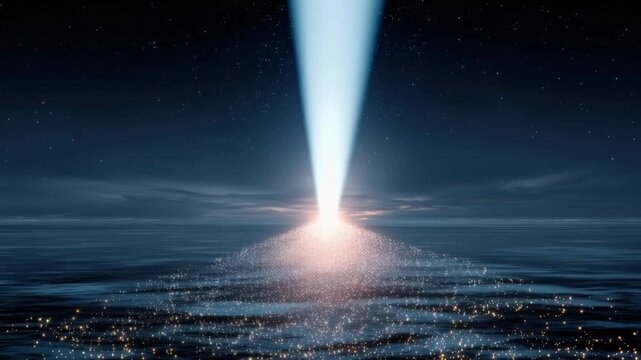 A colossal beam of light pierces the night sky, illuminating a sprawling cityscape below. ..Created with Generative AI, not depicting real subjects.