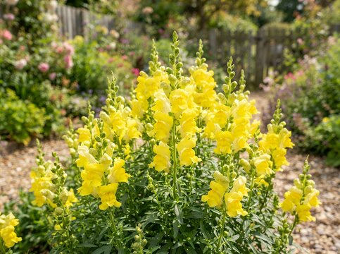 Vibrant Yellow Snapdragons Blooming in a Garden Setting.