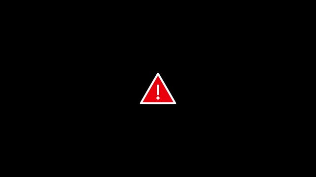 Red warning triangle animation on black background, digital alert symbol motion for ui safety notification and error sign concept