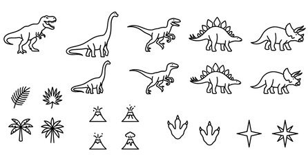 Prehistoric Dinosaur Line Icon Set with Tyrannosaurus Rex Triceratops Stegosaurus Volcanoes and Tropical Palm Leaves for Children Education Vector Designs © sahajahan