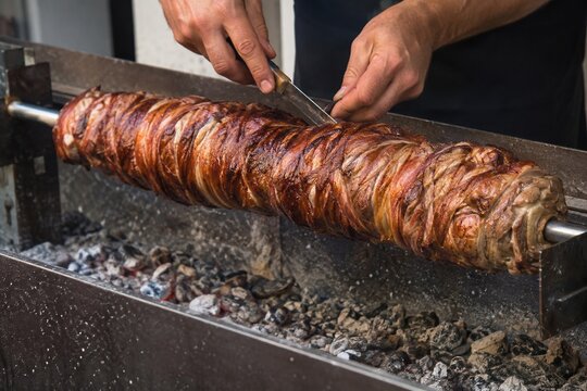 Cook slicing traditional kokoretsi after roasting it over glowing charcoal on a spit
