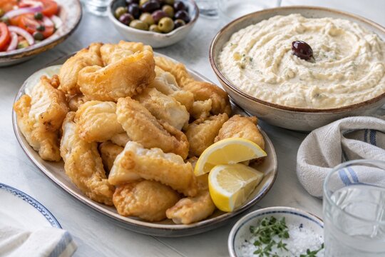 Crispy battered cod with garlic skordalia, lemon, olives and fresh tomato onion salad