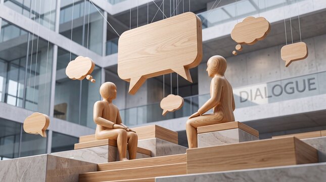 Conceptual 3D illustration of wooden figures in a modern office atrium having a conversation with hanging wooden speech and thought bubbles representing dialogue and communication.