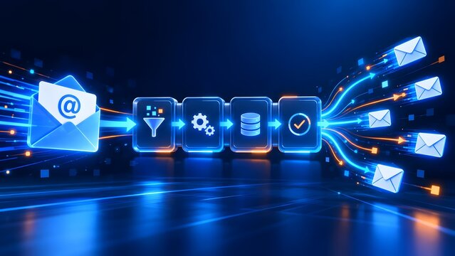 Email processing workflow concept with glowing blue envelope passing through digital filter and database nodes
