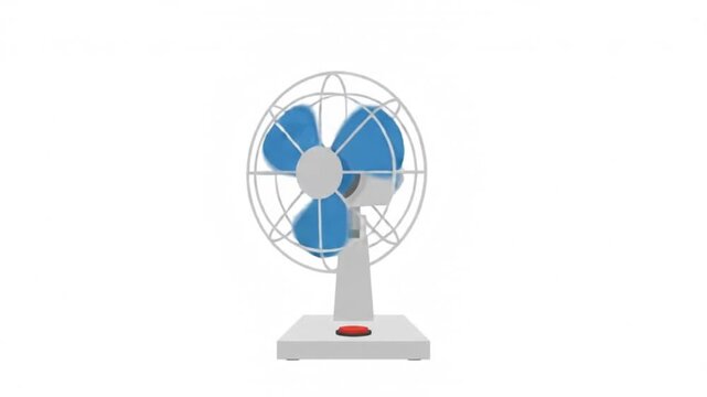 Electric fan with blue blades stands against a white background to provide cooling relief during hot summer days.