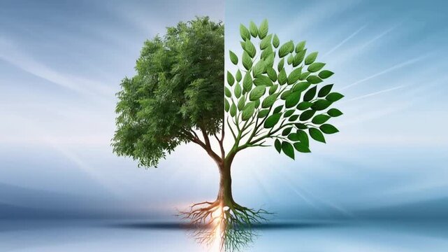 A symbolic tree divided into two halves, one lush and full, the other sparse and budding, representing growth, change. ..Created with Generative AI, not depicting real subjects.