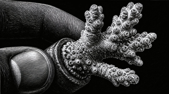 Detailed Illustration of Coral Fragment Held by Finger and Thumb