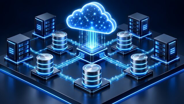 Isometric cloud computing infrastructure with central glowing database and connected server racks on dark platform