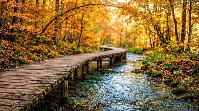 Wooden boardwalk curving over a clear flowing stream through a dense forest with vibrant yellow and orange autumn foliage under soft golden sunlight