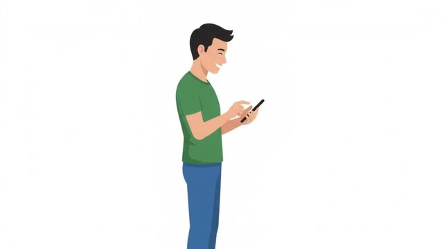 Young man stands while checking his smartphone screen to browse the internet in this flat vector illustration.