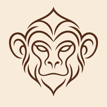 Minimalist Abstract Monkey Face Outline Vector Logo with Clean Geometric Line Art on Solid Background