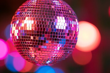 Obraz premium Close-up of a mirrored disco ball composed of hundreds of tiny reflective tiles catching magenta cyan and golden light against a dark background with large colorful bokeh circles creating a festive