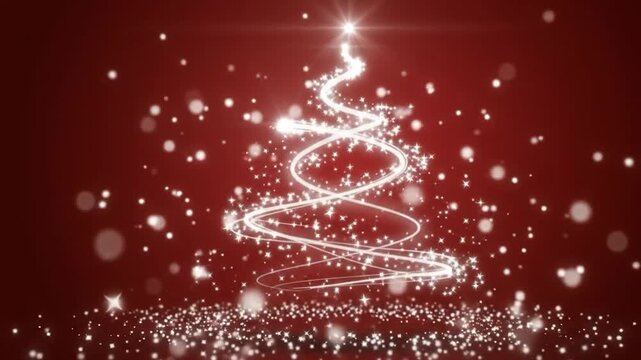 Abstract christmas tree made of light and stars on red background