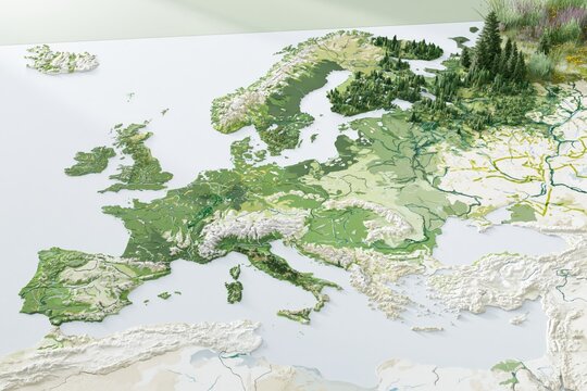 Three dimensional topographic map of Europe featuring varied green tones for natural regions forests wetlands and protected corridors indicated by abstract symbols on clean pale background under soft
