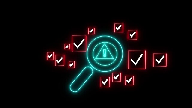 Neon magnifying glass with warning symbol and checkmarks: cybersecurity and data audit concept digital security