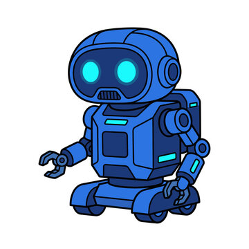 Blue cartoon robot vector illustration with glowing eyes and robotic arms for mascot and technology design