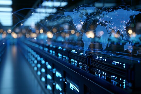 Low angle close up along a row of sleek generic data servers inside a dark high tech facility with luminous indicators and cooling vents creating repeating lines while an original translucent world