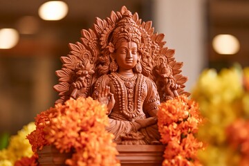Obraz premium Terracotta sculpture of seated female figure with intricate handcrafted patterns and ornamental details visible across clay surface framed by bright orange and yellow flower garlands under warm