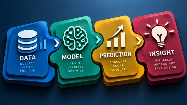 Connected puzzle pieces outlining artificial intelligence pipeline from data and model to prediction and insight