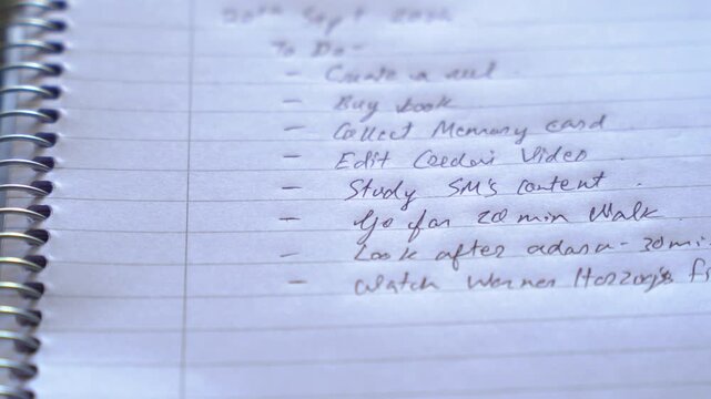 Close-up shot of a handwritten daily to-do list in a lined notebook.