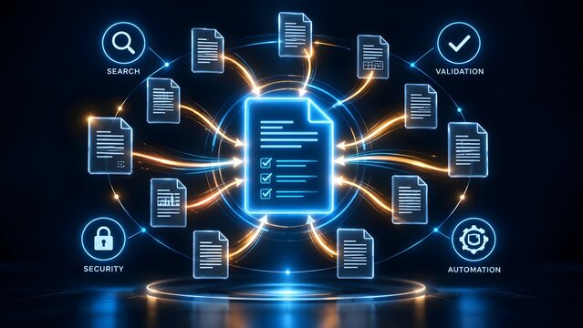 Automated document validation concept with glowing digital files feeding into central secure processing hub
