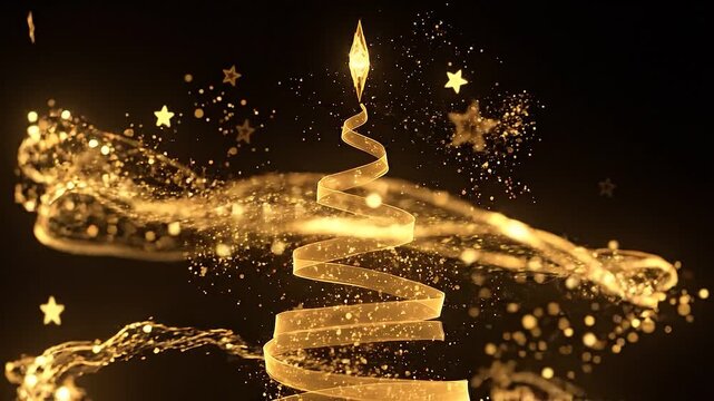 Abstract gold christmas tree silhouette with ribbon and sparkles on black background