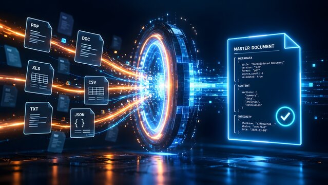 Digital file consolidation portal showing various data formats merging into a verified master document through glowing gateway