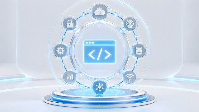 Futuristic circular software development interface displaying API integration cloud network and artificial intelligence system architecture