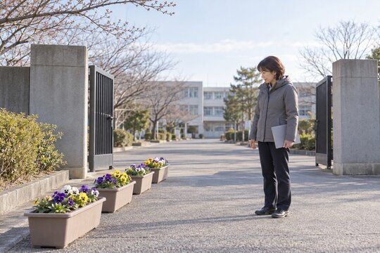 卒業式を数週間後に控え校門前のパンジープランターの並びを確認する学校職員