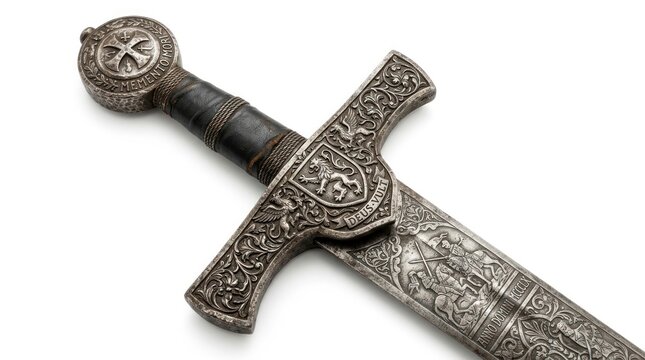 Ornate medieval sword detail with decorative hilt and blade engravings
