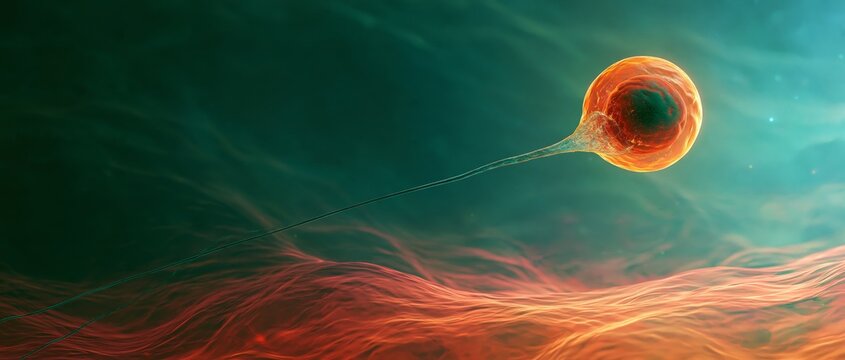 Male sperm cell with long tail approaching female egg surrounded by glowing biological fluids under warm directional light
