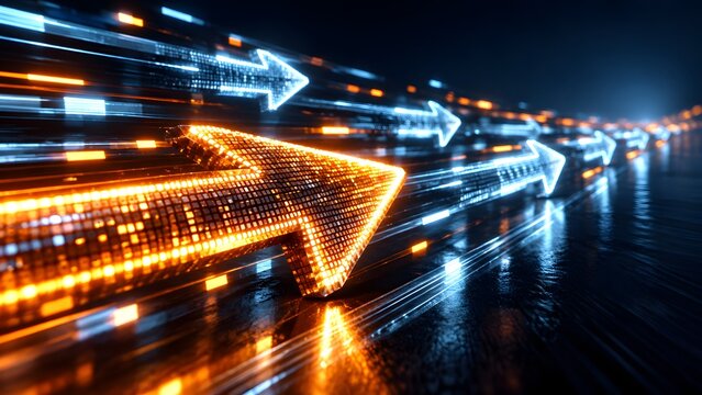 Pixelated orange digital arrow leading blue group on high speed track symbolizing competitive technological advancement