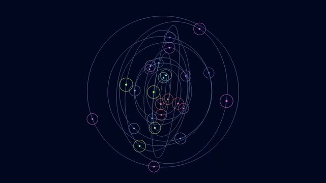 Geometric overlapping circles with glowing colorful nodes in motion background.