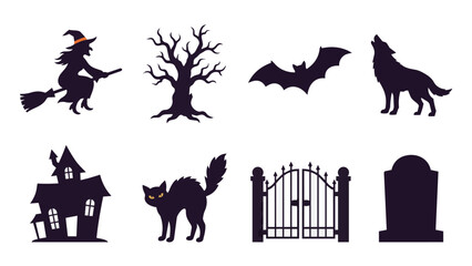 Fototapeta premium Halloween Silhouette Graphic Element Set Vector Illustration, Haunted Tree Bat Black Cat Cemetery Gate Flat Design Isolated