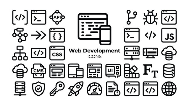 Web Development Icons: A collection of diverse icons representing various aspects of web development, including coding, data, and design elements, presented in a clean, modern style.