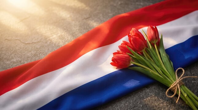 A beautiful bouquet of red tulips resting on a dutch flag to commemorate a solemn veteran day tribute