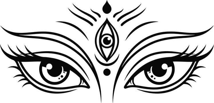 Stylized eye illustration features symmetrical design with elongated lashes and a third eye detail eyes