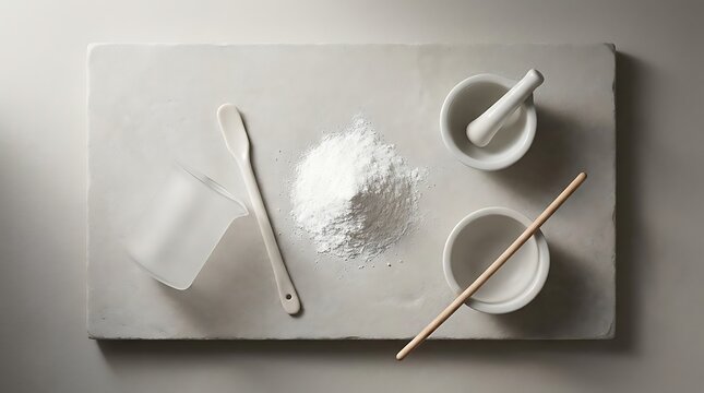 A pile of white allantoin powder for cosmetic formulation displayed on a laboratory table with mortar and pestle tools