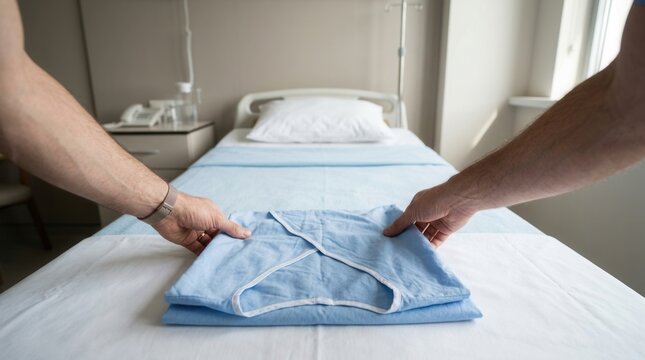 Preparing a hospital bed: Hands folding clean blue patient gown on a neatly made bed in a medical ward