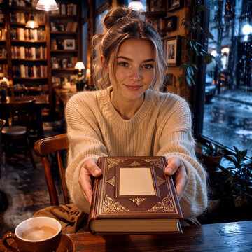 Smiling Young Woman in a Cream Sweater Offers a Beautifully Ornate Leather-Bound Book from a Cozy Bookstore Cafe on a Rainy Night.