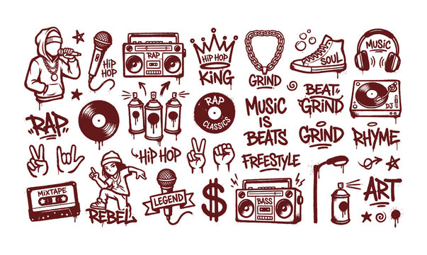 Urban hip hop rapper graffiti spray paint street art element collection doodles vector illustration