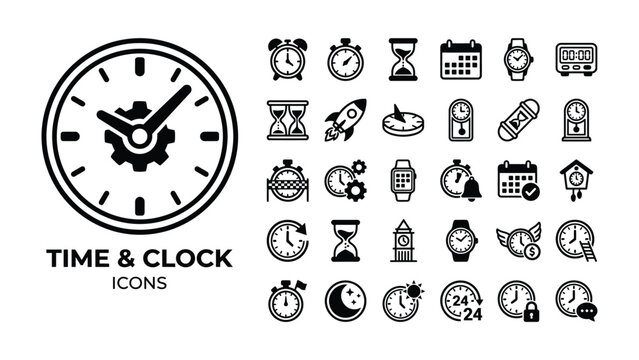 Time and Clock Icons Collection: A comprehensive set of monochrome icons representing various timekeeping devices, from classic clocks and watches to hourglasses and calendars.