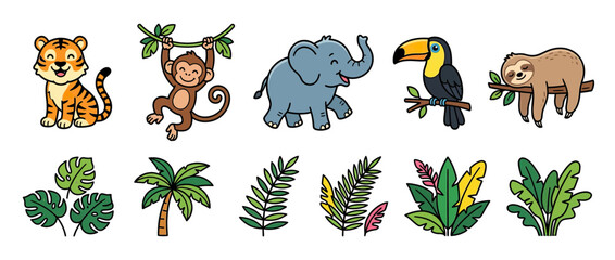 Obraz premium Cute cartoon jungle animals and tropical plants isolated
