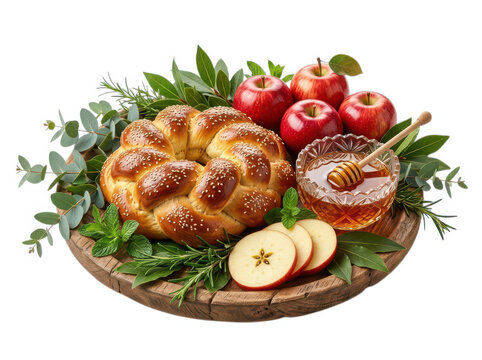 Fresh braided challah bread with red apples and honey on a wooden board for feast