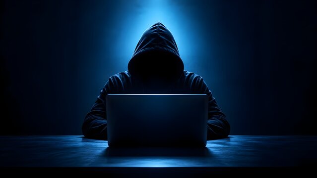 Silhouette of anonymous hacker typing on glowing laptop in dark room symbolizing hidden cyber threat and digital espionage