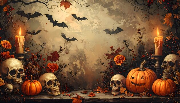 Escena de Halloween con calaveras, calabazas talladas, velas encendidas, murci&eacute;lagos y hojas oto&ntilde;ales sobre fondo envejecido
