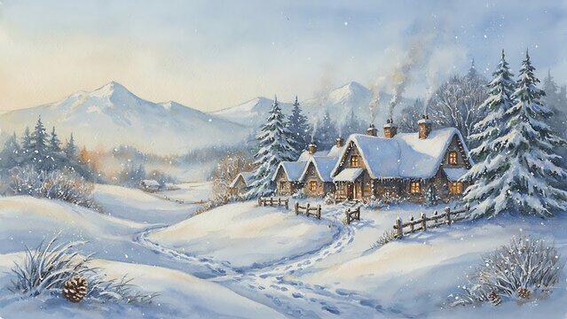 A serene watercolor painting of cozy cottages nestled in a snowy mountain village during a quiet winter morning, created with generative AI.